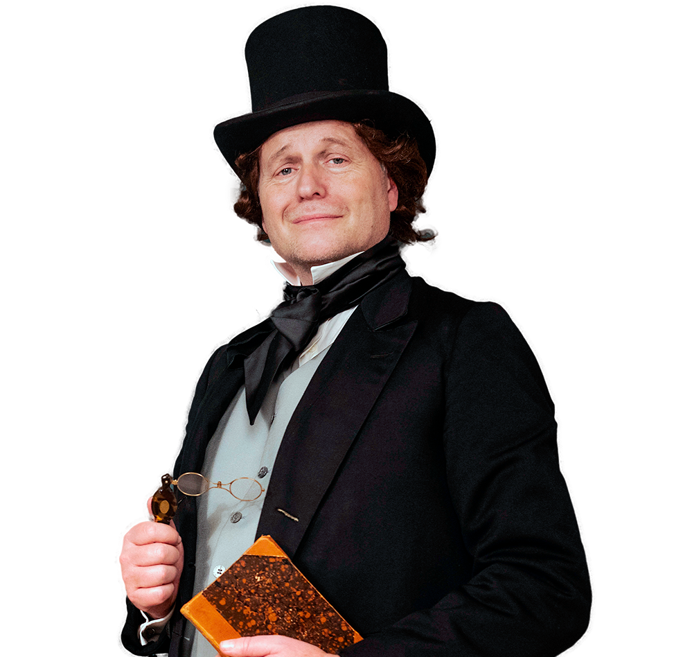 Photo of an actor dressed up as Hans Christian Andersen