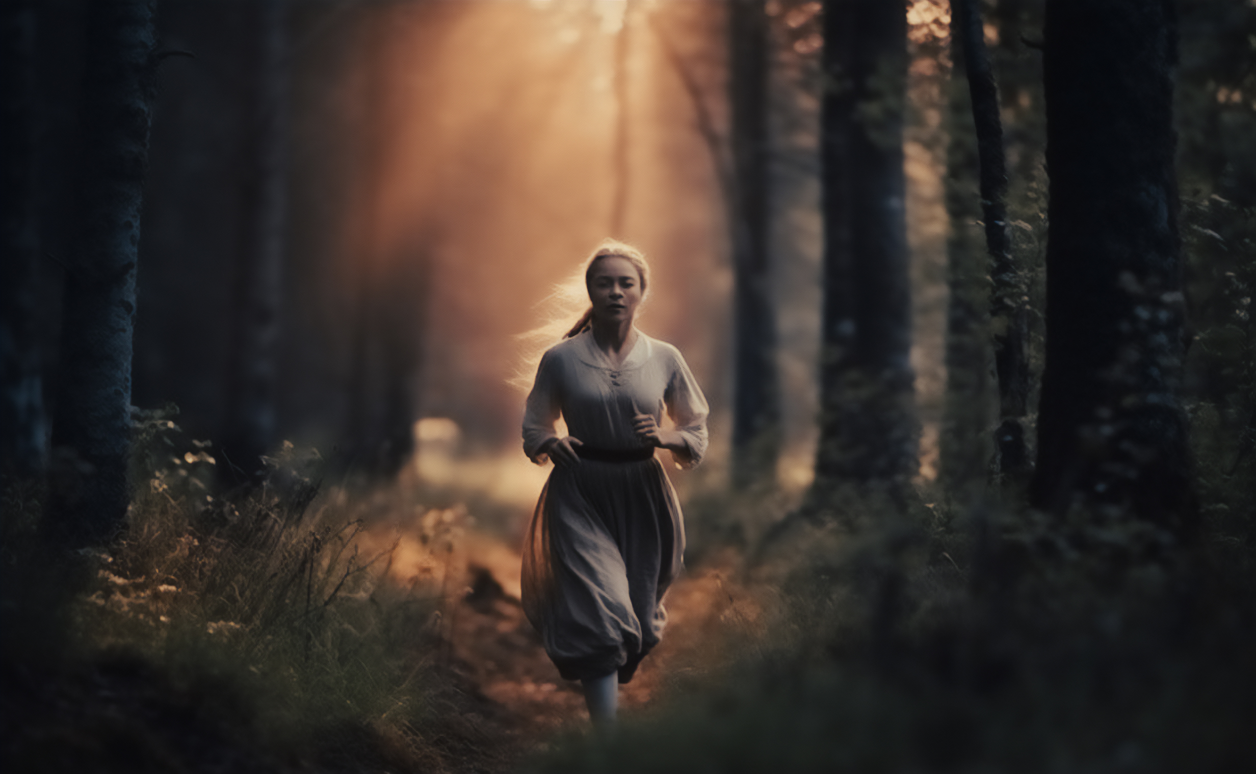 Girl running away in a Swedish forrest, key illustration for The Hidden Tragedy - The Torsåker Witch Trials.